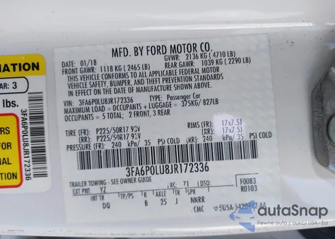 2018 Ford Fusion Hybrid Se z USA, uszkodzony, nr VIN 3FA6P0LU8JR172336